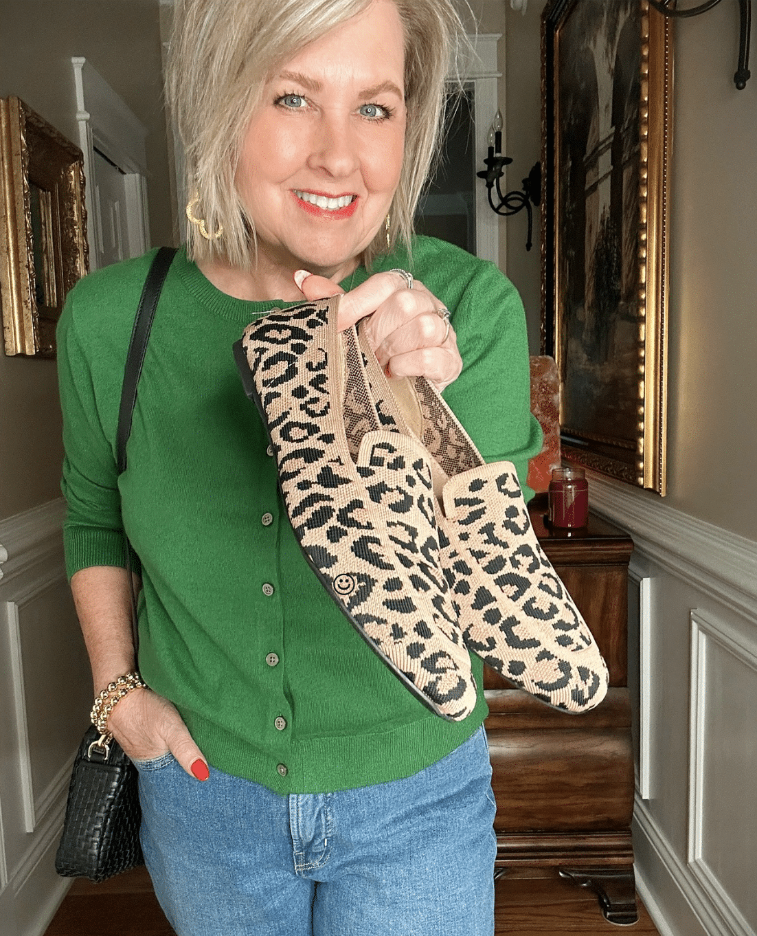 Over 50 Fashion Blogger, Tania Stephens is styling Old Navy clothing - green button cardigan and leopard print loafers